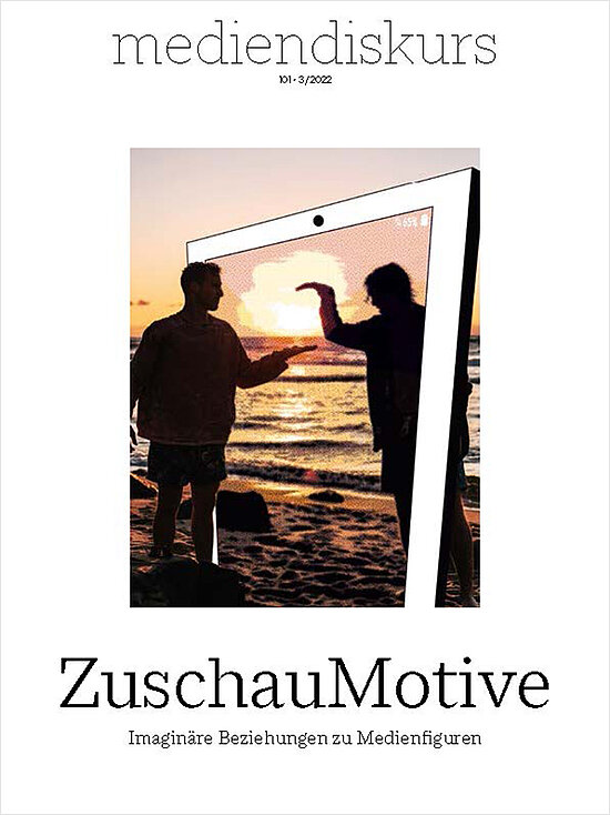 Cover mediendiskurs 101, 3/2022: ZuschauMotive. Imaginäre Beziehungen zu Medienfiguren (Cover: Zwei Menschen begegnen sich im Bildschirmrahmen vor untergehender Sonne)