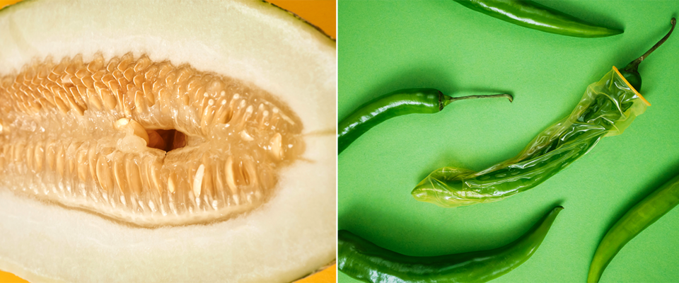 Grafik (links eine Melone; rechts eine grüne Chilli mit Kondom) (Bilder: ©Andrej Lisakov/Unsplash)