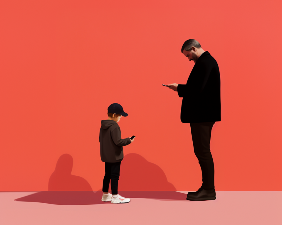 Ein Kind blickt auf sein Smartphone, während ein Mann etwas in sein Handy tippt.