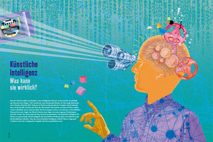 Cover mit Räderwerk in Menschenkopf zumThema „Künstliche Intelligenz. Was kann sie wirklich?“ (Illustration: Linda Wölfel)
