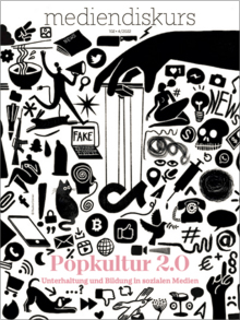 Titel „Popkultur 2.0. Unterhaltung und Bildung in sozialen Medien“ umrandet von vielen verschiedenen Icons: mediendiskurs 102, 4/2022 (Motiv: Pauline Cremer)