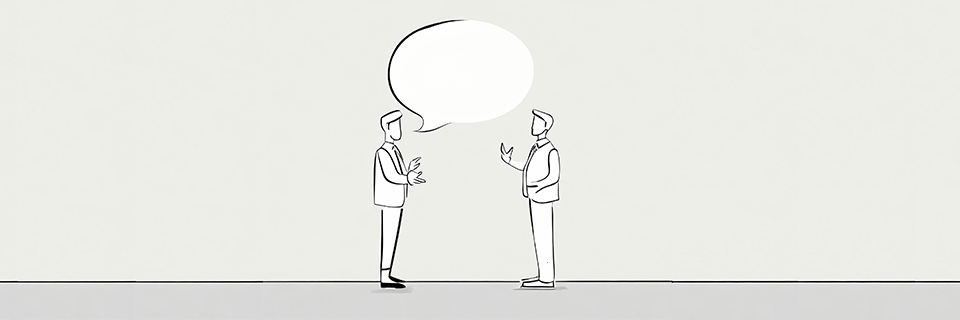 Grafik: Zwei Personen im Gespräch (Bild erstellt mit Adobe Firefly)