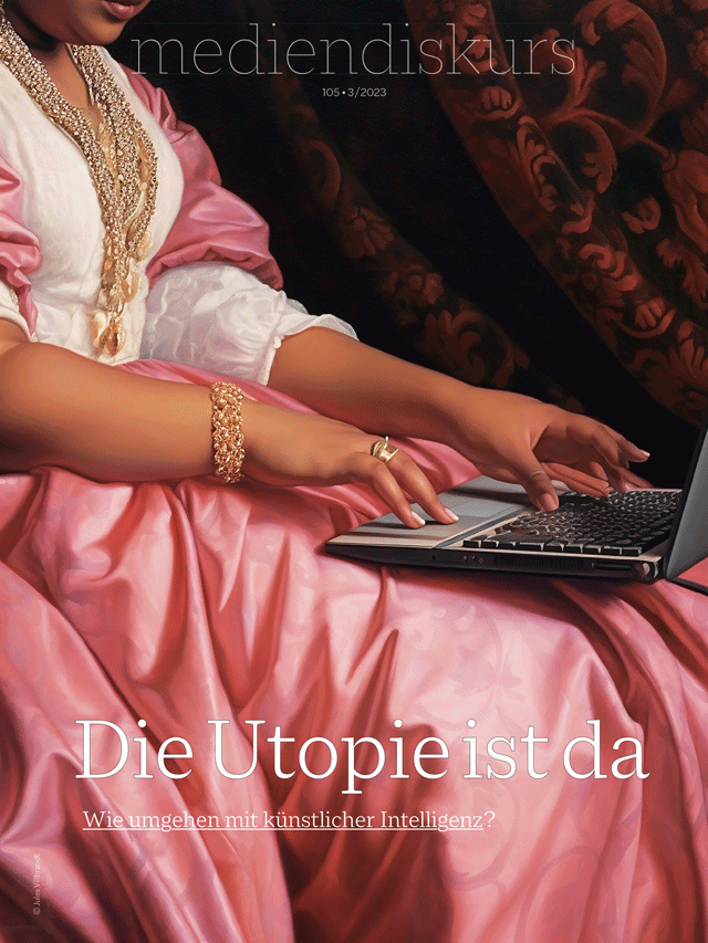 Schwarze Frau im Renaissance-Kleid mit Laptop auf dem Schoß: Cover mediendiskurs 105, 3/2023: Die Utopie ist da. Wie umgehen mit künstlicher Intelligenz?